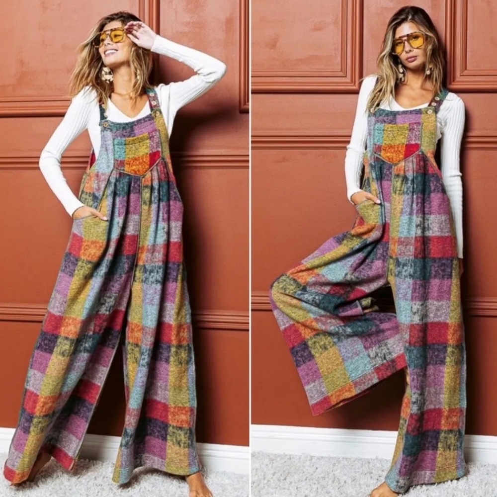 BiBi Colorful Plaid Overalls - Size: Med